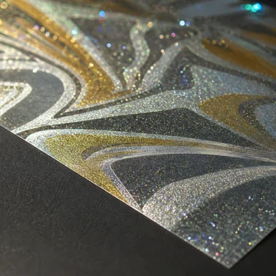 Specialty DTF film finishes including glitter and metallic.