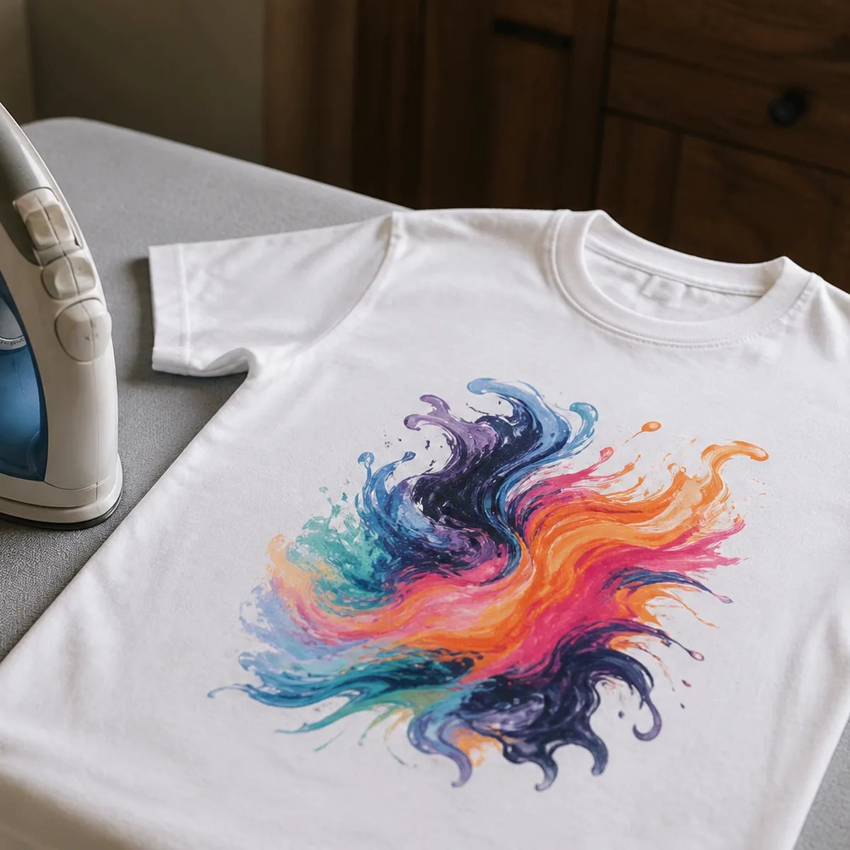Do not iron directly on a DTF transfer — iron kept clear of the print