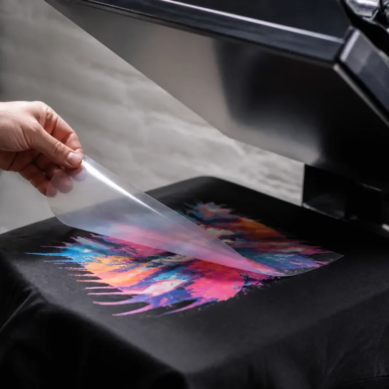 Hot Insta Peel mid-peel on a heat press — DTF FAQ