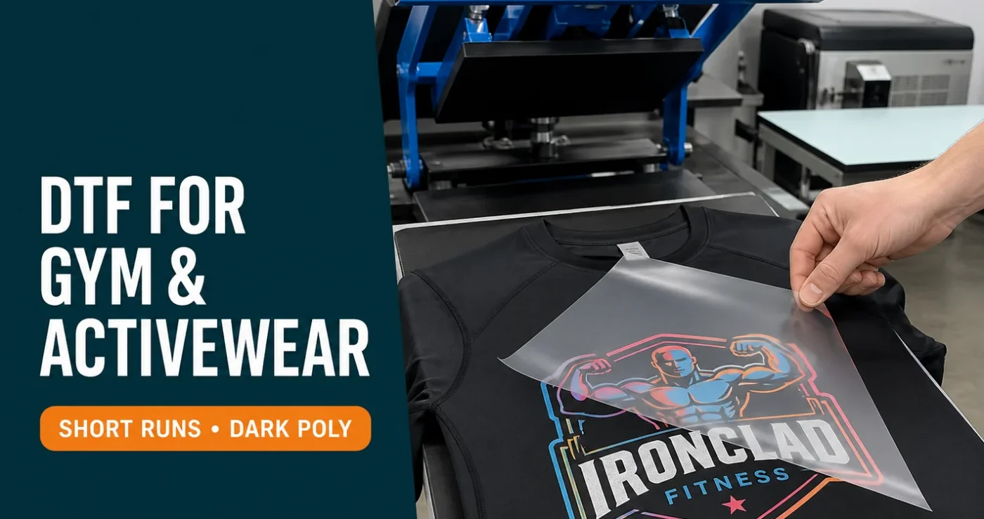 Dark performance gym T-shirt with an opaque full-colour DTF chest logo being heat-pressed in a Brisbane workshop