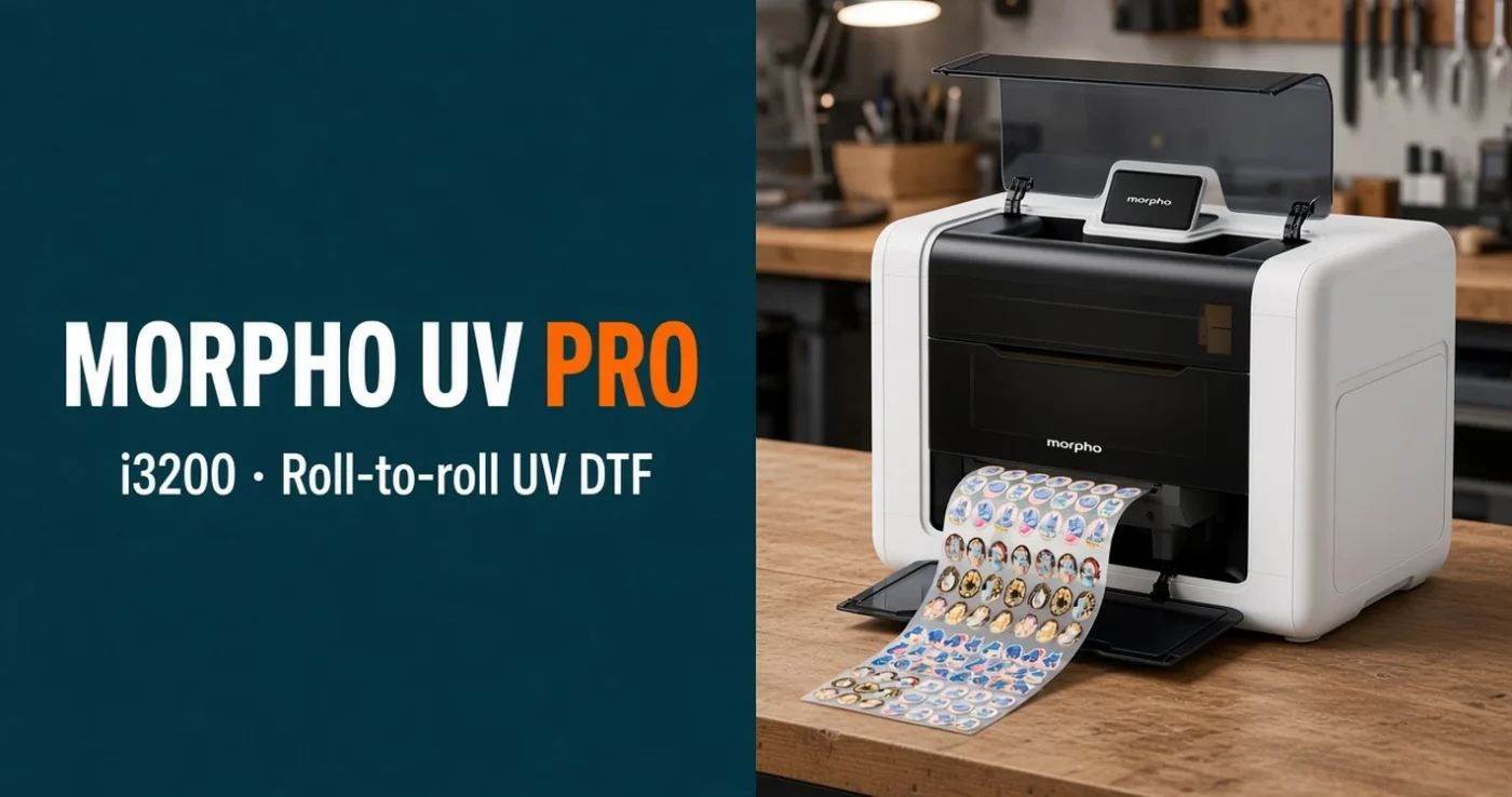 Pro Morpho UV Printer i3200 with roll-to-roll accessory printing UV DTF stickers in a small workshop