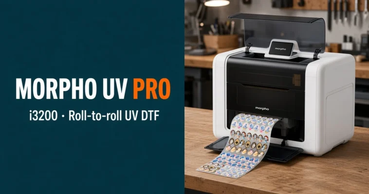 Pro Morpho UV Printer i3200 with roll-to-roll accessory printing UV DTF stickers in a small workshop