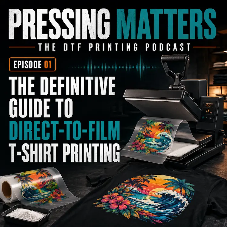 Pressing Matters Episode 01 cover for The Definitive Guide to Direct-to-Film T-Shirt Printing, featuring a heat press, DTF film and printed T-shirt.