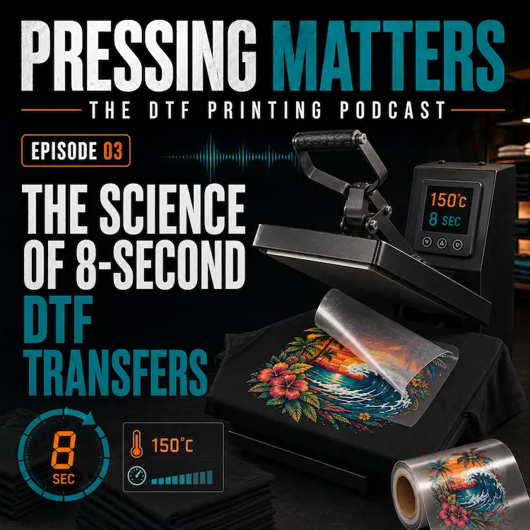 Pressing Matters Episode 03 cover showing an eight-second DTF transfer being peeled from a printed T-shirt beside a heat press set to 150°C.
