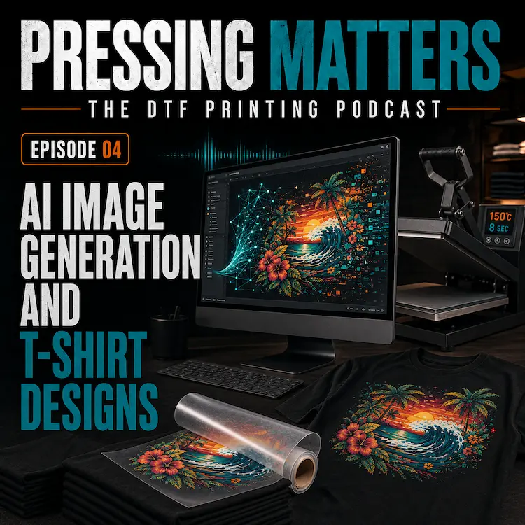 Pressing Matters Episode 04 cover showing an AI-generated T-shirt design progressing from a computer screen to DTF film and a finished printed shirt.
