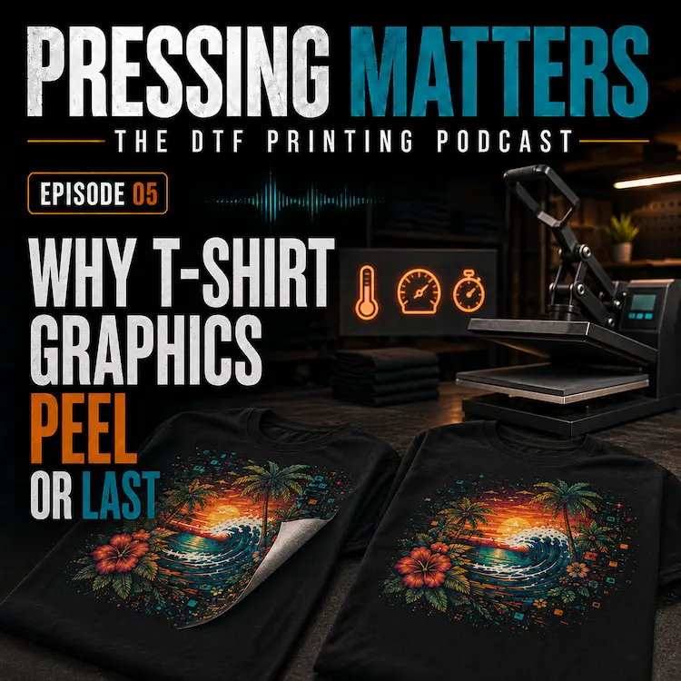 Pressing Matters Episode 05 cover comparing a peeling T-shirt graphic with a correctly applied, durable DTF print beside a heat press.