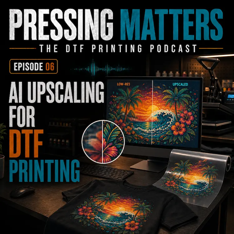 Pressing Matters Episode 06 cover comparing pixelated artwork with an AI-upscaled image prepared as a DTF transfer and printed T-shirt.