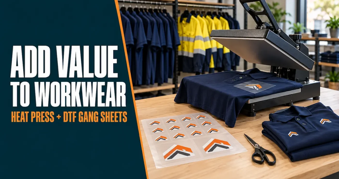 Heat press with a navy polo, a DTF gang sheet of company logos and branded polos in a workwear shop.