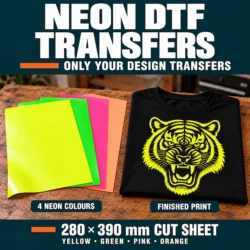 Solid yellow, green, pink and orange neon DTF sheets beside a black T-shirt with a neon yellow tiger print.