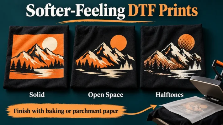 Illustration comparing solid, open-space and halftone DTF designs on black fabric, with parchment paper covering a print in a heat press.